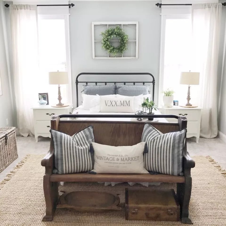 Farmhouse Master Bedroom With Green Wreath