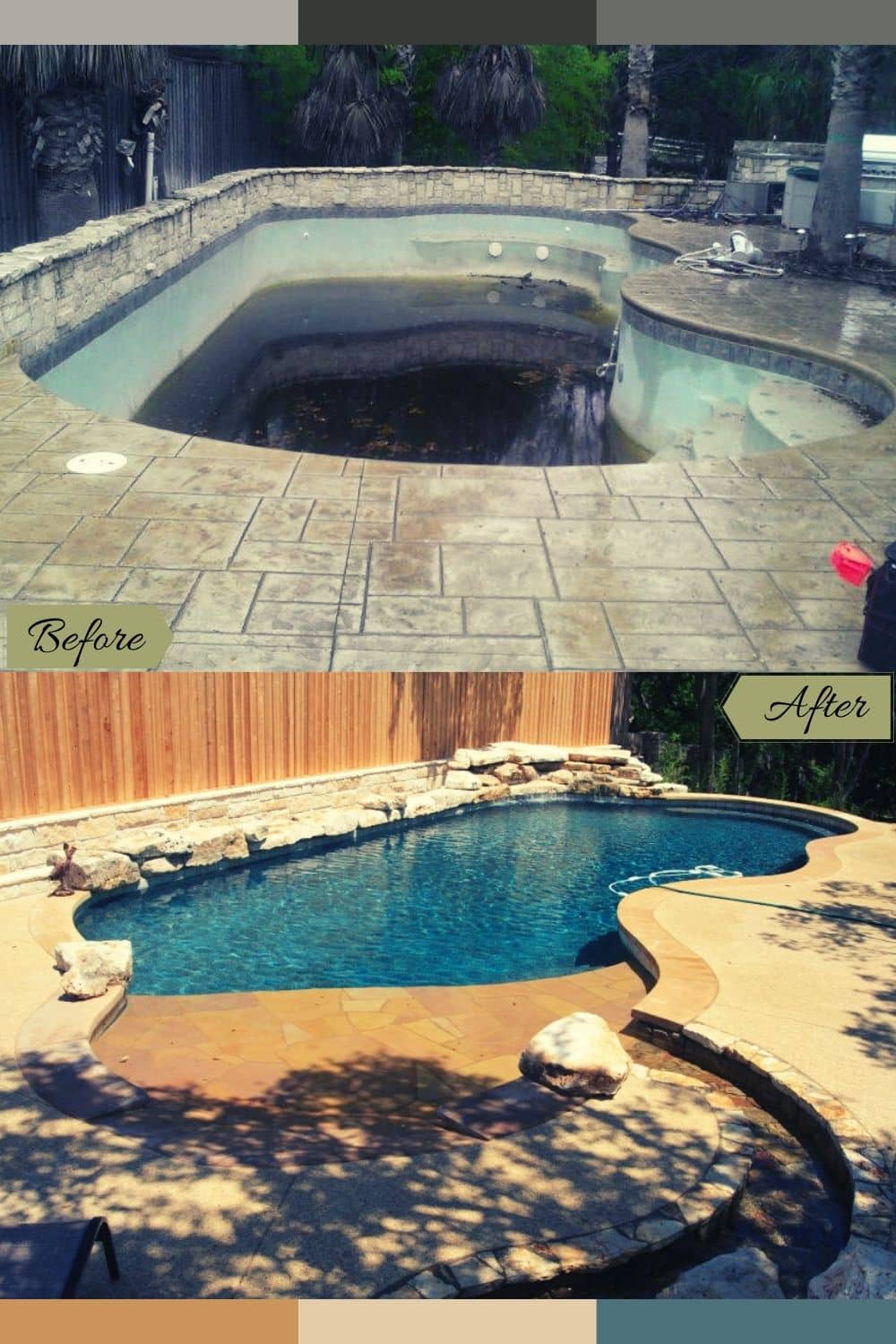 pool remodel before with rock and after