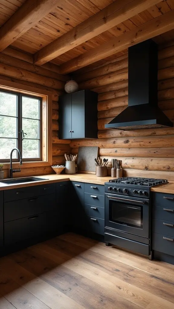 A modern log cabin kitchen featuring sleek black accents on the cabinets and faucet, creating a bold contrast with the natural wood.