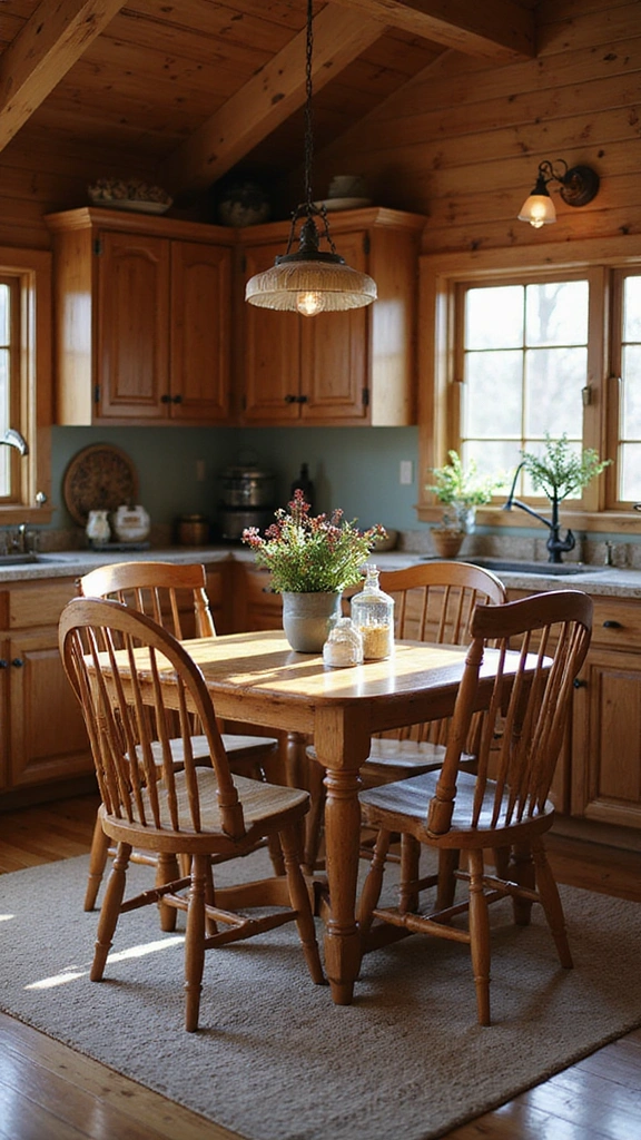 A stylish dining area within a log cabin kitchen, featuring a rustic wooden table and modern upholstered chairs.