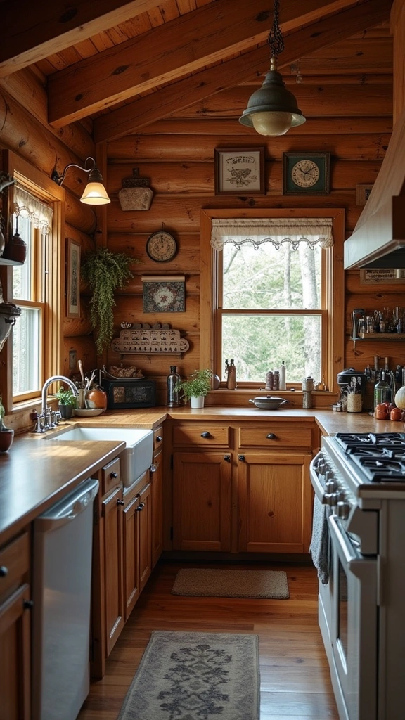 A gallery wall of rustic wall art in a log cabin kitchen, featuring vintage prints and wooden frames.