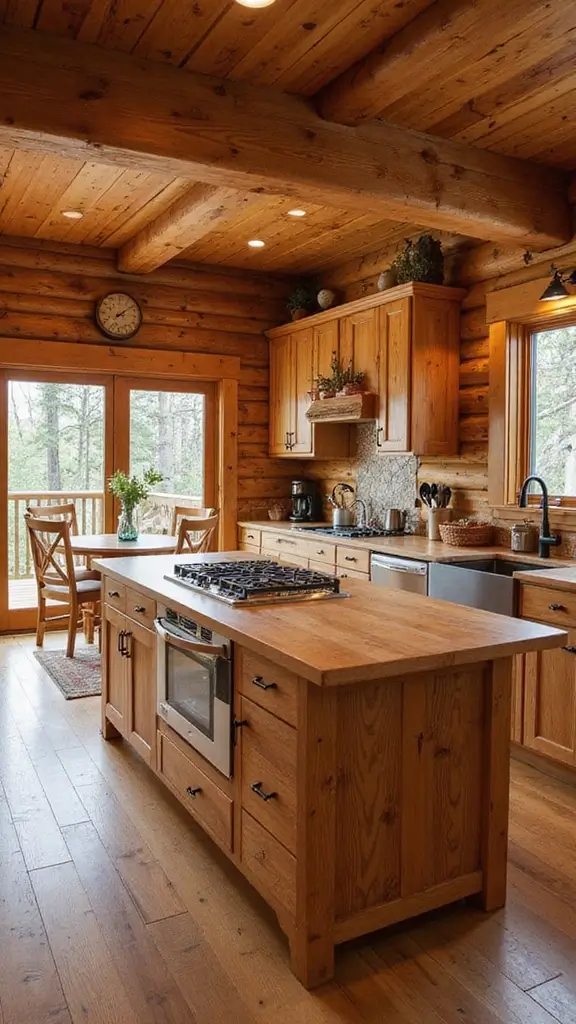 A close-up of natural wood finishes on kitchen cabinets in a log cabin, highlighting the beautiful grain.