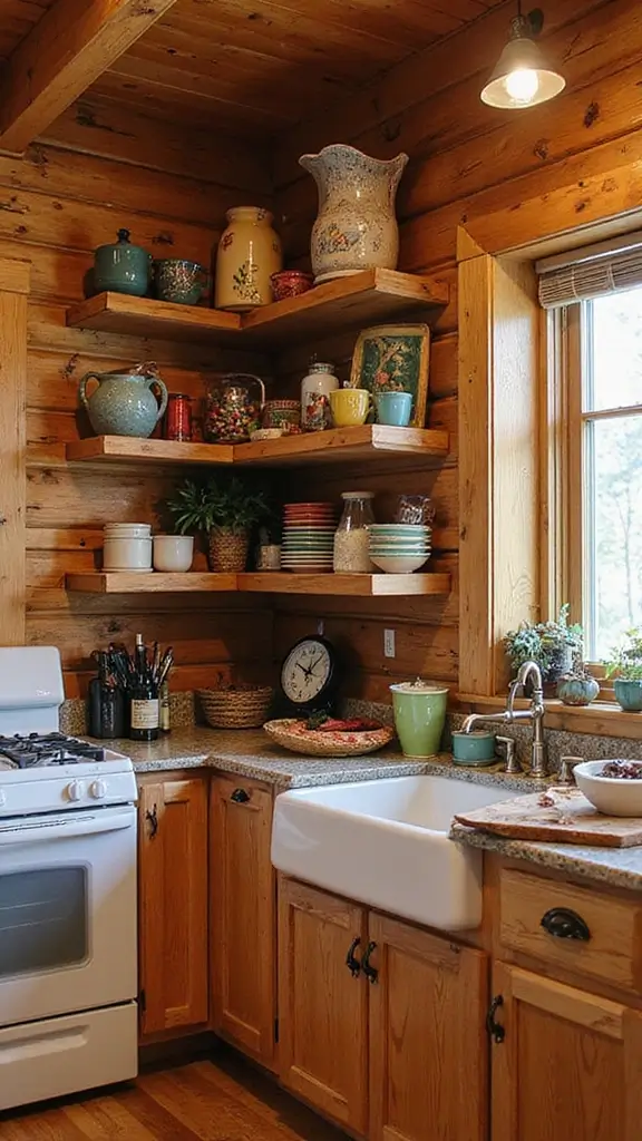A log cabin kitchen with open shelving, showcasing rustic dishes and glassware as part of the decor.