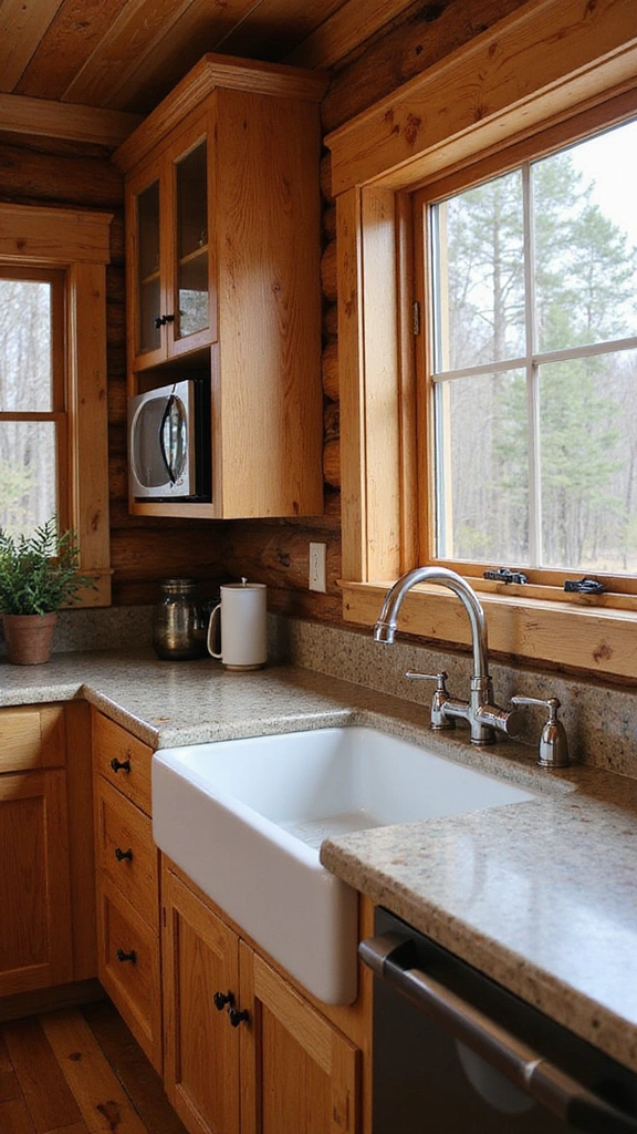 A large white farmhouse sink in a log cabin kitchen, a key element of modern rustic kitchen design.