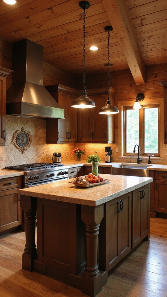 A modern log cabin kitchen with rustic kitchen lighting, featuring wooden pendant lights over an island.