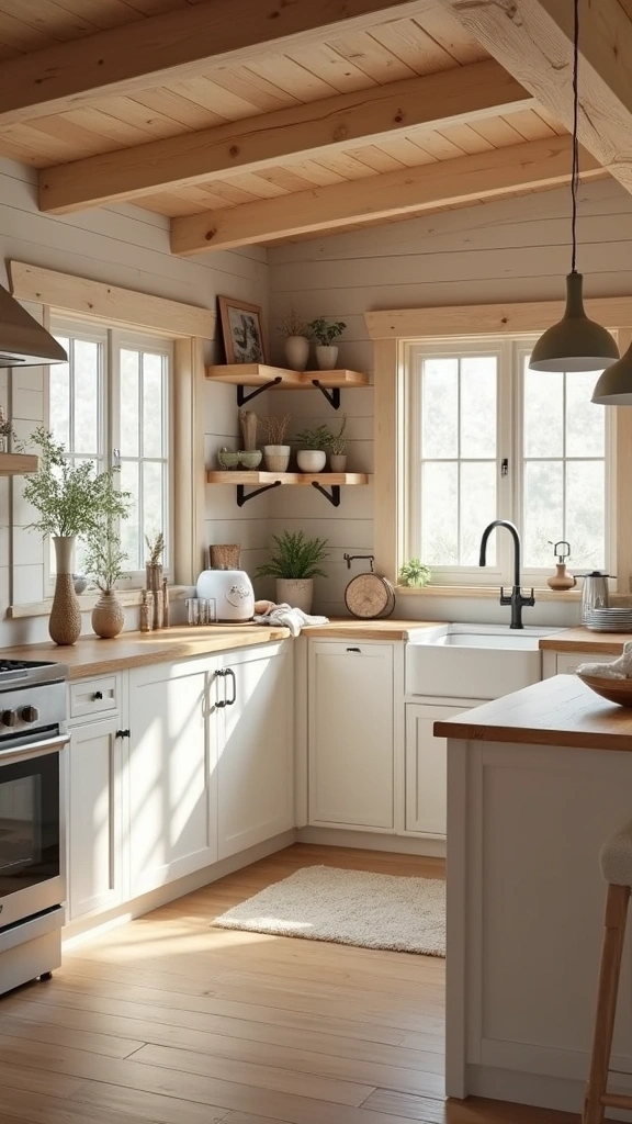A calming modern log cabin kitchen decorated in a neutral color palette of whites, creams, and light woods.