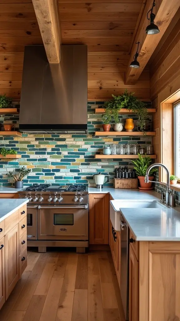 A modern log cabin kitchen with a statement backsplash made of colorful mosaic tiles behind the stove.