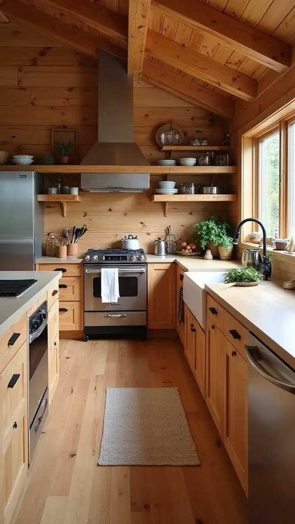 A well-organized log cabin kitchen featuring smart storage solutions like pull-out cabinet organizers and a rolling island.