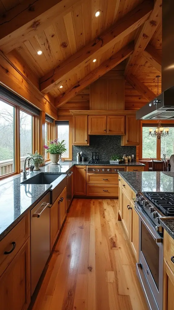 A close-up of bold log cabin kitchen countertops, showing a dark granite surface contrasting with light wood cabinets.