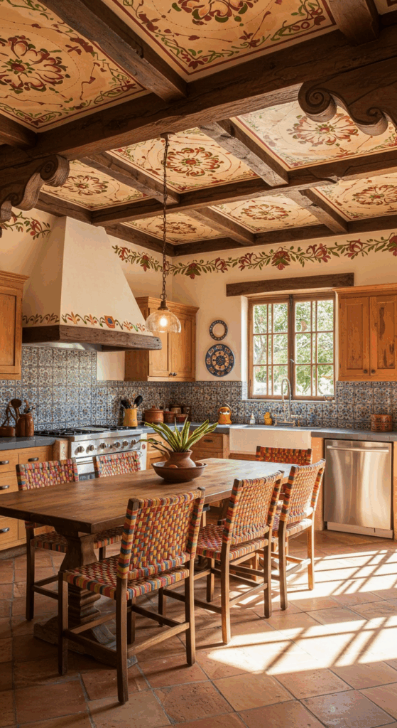 A Mexican kitchen with a unique ceiling design, featuring painted patterns and decorative wooden beams.