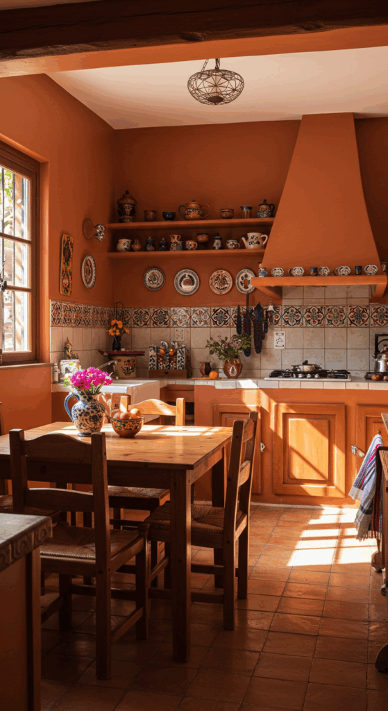 A Mexican kitchen with a vibrant paint color, a deep terracotta orange, on an accent wall.