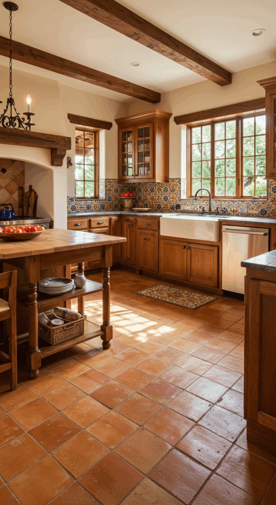 A beautiful terracotta floor kitchen with rustic Saltillo tiles that add authentic Mexican charm.