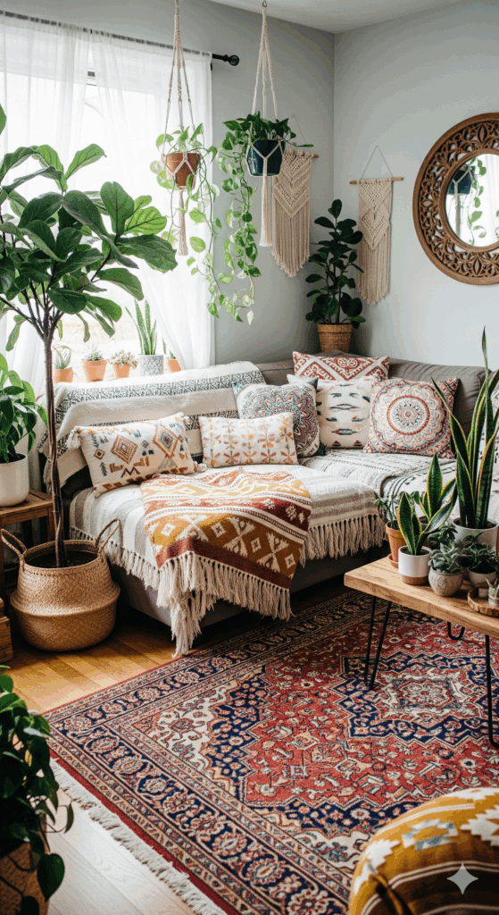 A bohemian-style room where an oriental rug is paired with woven blankets, patterned pillows, and lots of plants.