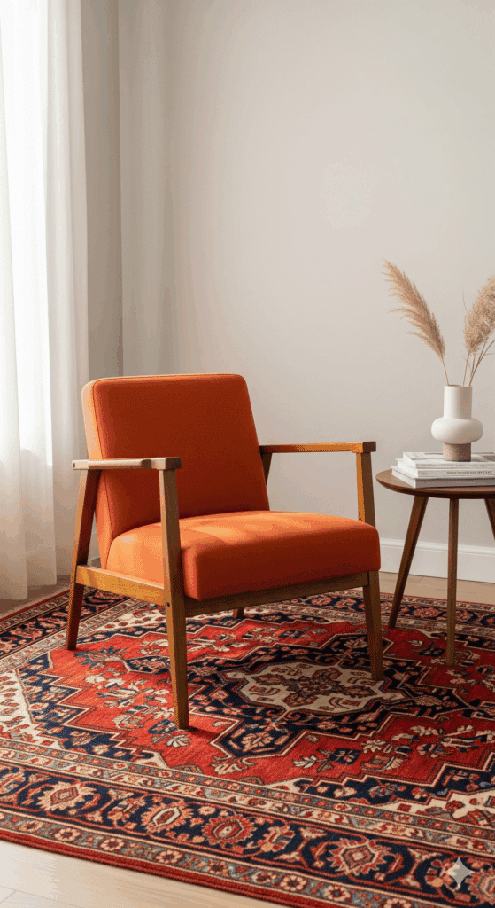 A bold accent chair sits on a vibrant Persian rug, a great idea for modern decorating with oriental rugs.