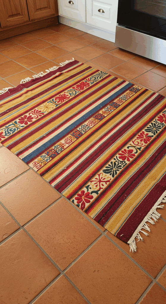 A colorful kitchen rug with a traditional Mexican pattern on a terracotta tile floor.