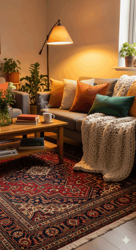 A cozy living room with an oriental rug, complemented by a chunky knit throw blanket and plush decorative pillows on the sofa.