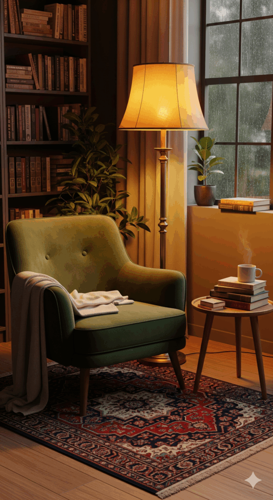 A cozy reading nook featuring a comfortable chair and lamp on a small, intricate oriental rug.