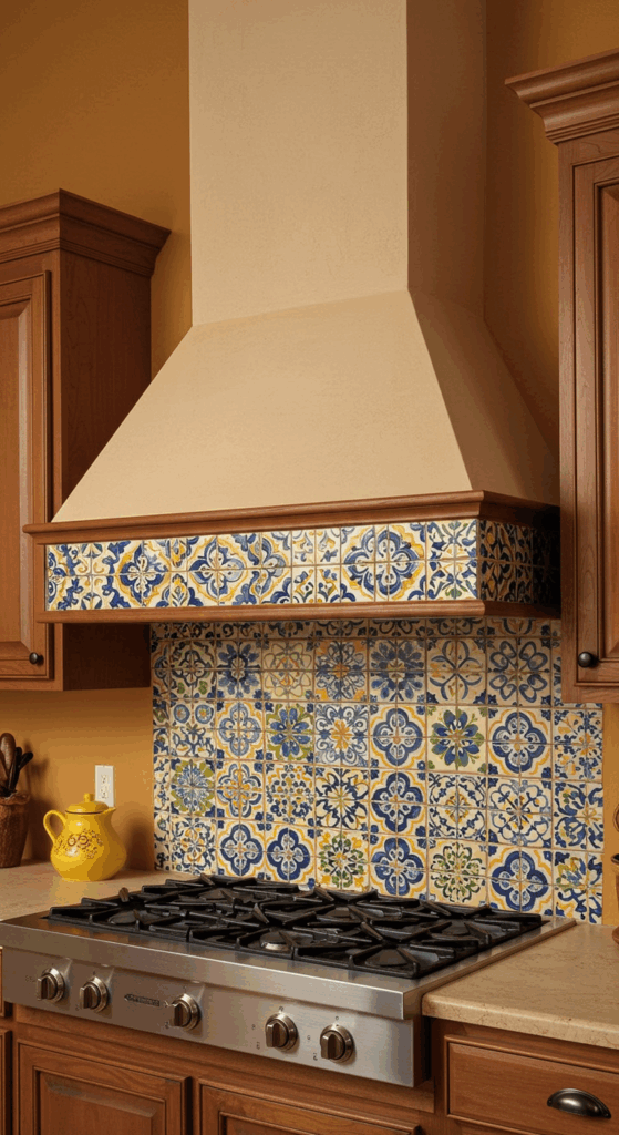 A decorative range hood covered in tiles, serving as the focal point in a Mexican style kitchen.