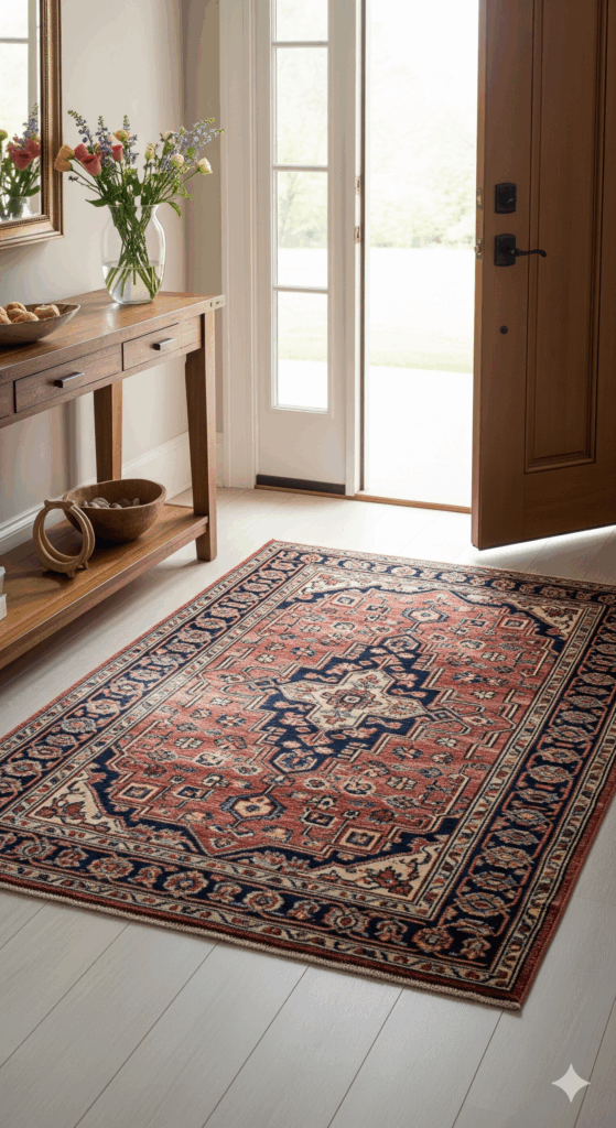 A durable, low-profile oriental rug in a high-traffic entryway, proving functionality and style can coexist.