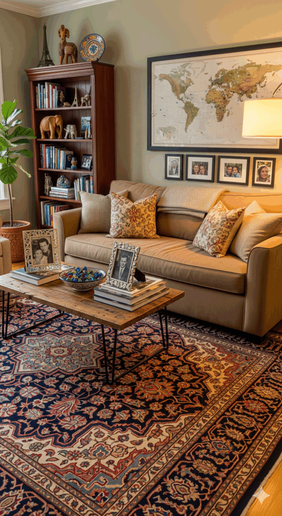 A living room decorated with an oriental rug and personal touches like family photos and travel souvenirs.