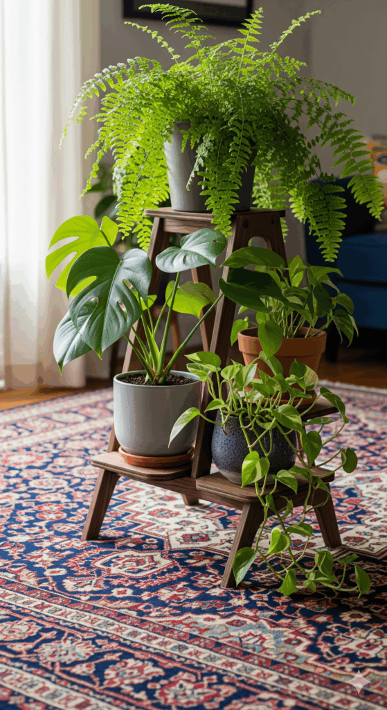 A lush oriental rug complemented by fresh greenery from potted plants on a stylish plant stand.