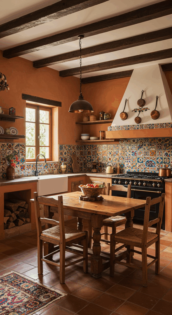 A rustic Mexican kitchen with prominent dark rustic wooden beams on the ceiling, adding warmth and charm.