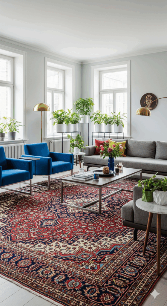 A vintage oriental rug with modern furniture, creating a stylish vintage-meets-modern look in a living room.