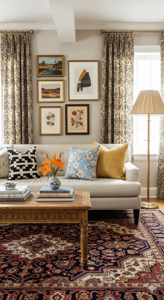 An eclectic living room that mixes patterns, with an oriental rug grounding patterned pillows and curtains.
