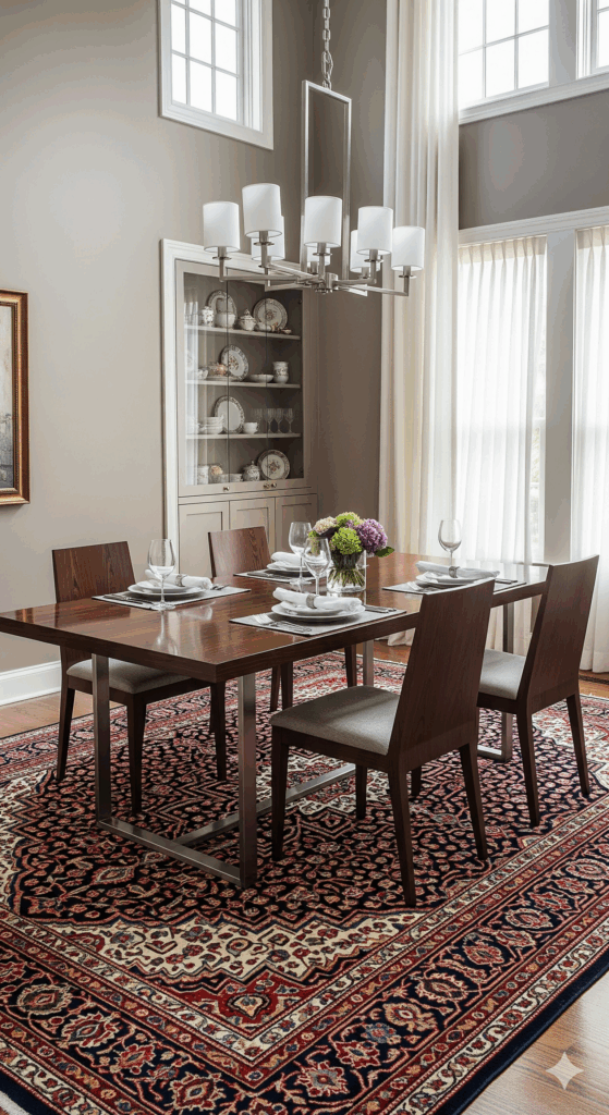 An elegant dining space where a modern table and chairs are placed on a large, traditional oriental rug.