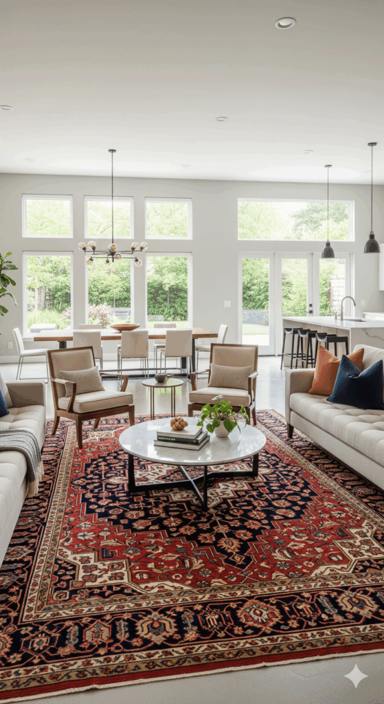 An open-concept living room where a large oriental rug is used to create a distinct seating zone.