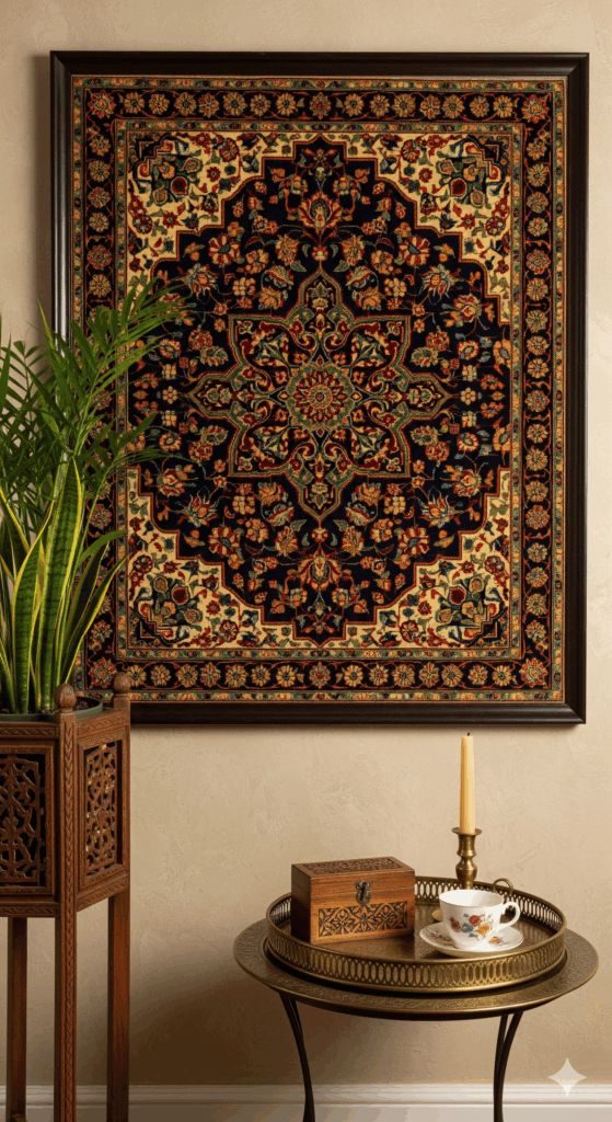 An oriental rug framed with accessories, including a tall plant stand and a decorative tray on a nearby table.
