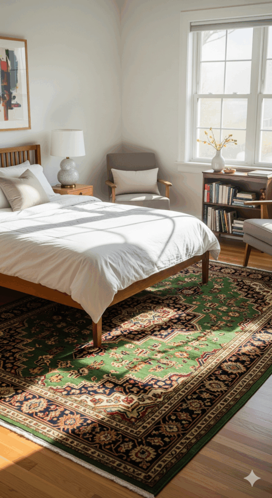 A minimalist room with white walls and simple furniture, warmed by a single, beautifully patterned oriental rug.
