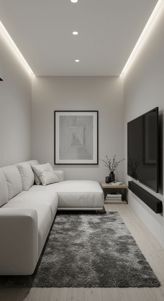 A modern and minimalist small media room, featuring a low-profile sofa and a wall-mounted TV for a clean, sleek look.
