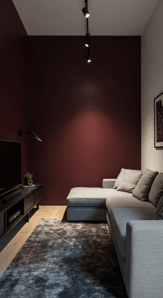 A bold, dark-colored wall in a small media room, creating a striking backdrop and a focal point for the space.