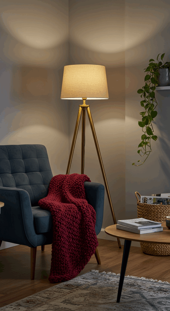 A cozy nook setup in a small living room, featuring an accent chair, floor lamp, and a soft blanket for a cozy movie night.