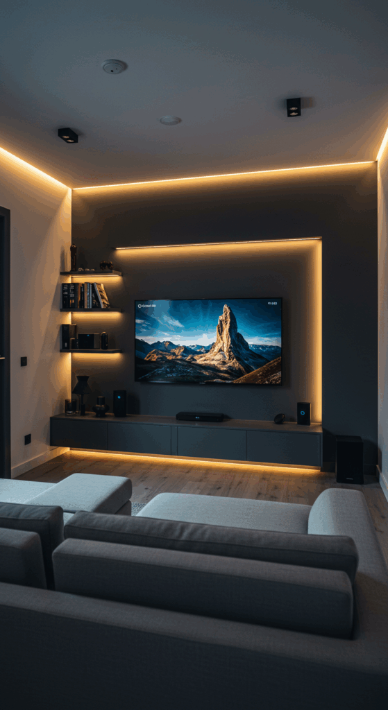 A tech-savvy small media room with a wall-mounted TV, smart lighting, and a neat gaming setup.
