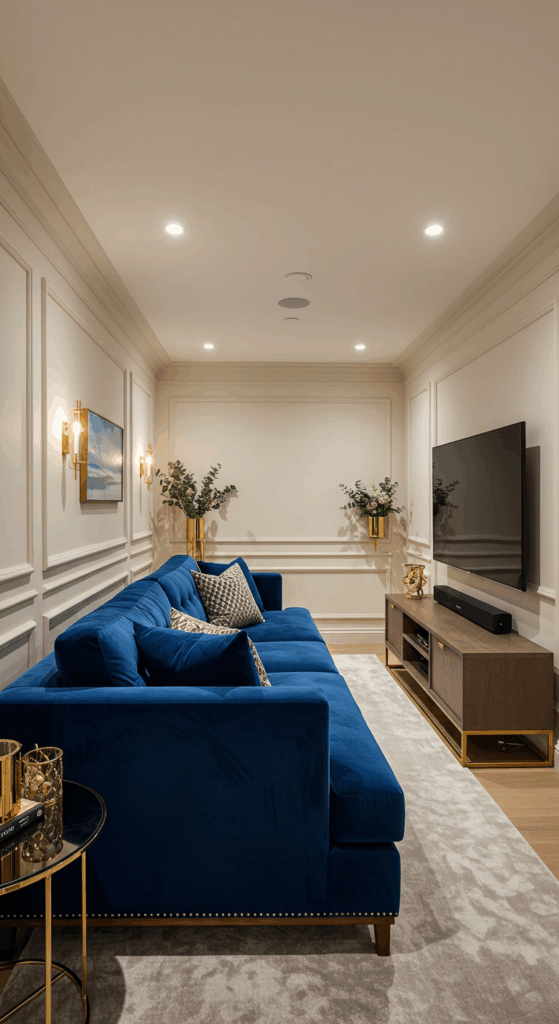 A luxurious small media room featuring a plush velvet sofa in a deep jewel tone, complemented by gold accents.