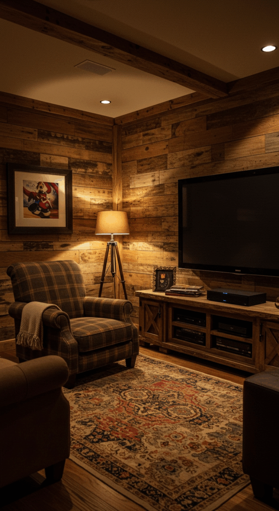 A rustic small media room with a reclaimed wood feature wall, soft flannel chair, and cozy lighting for a warm atmosphere.