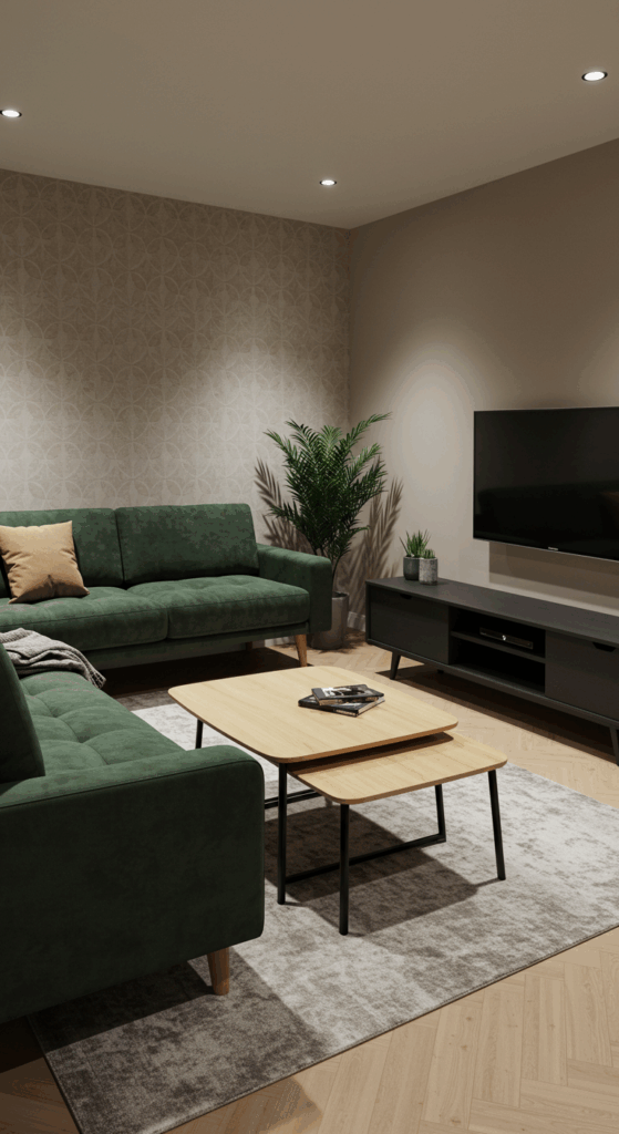 A multi-functional furniture setup in a small media room, featuring a convertible sofa bed and a nesting coffee table for maximizing space.