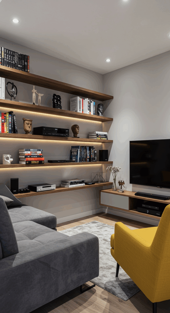 A modern small media room featuring floating shelves that hold media essentials, books, and decor, maximizing vertical space.