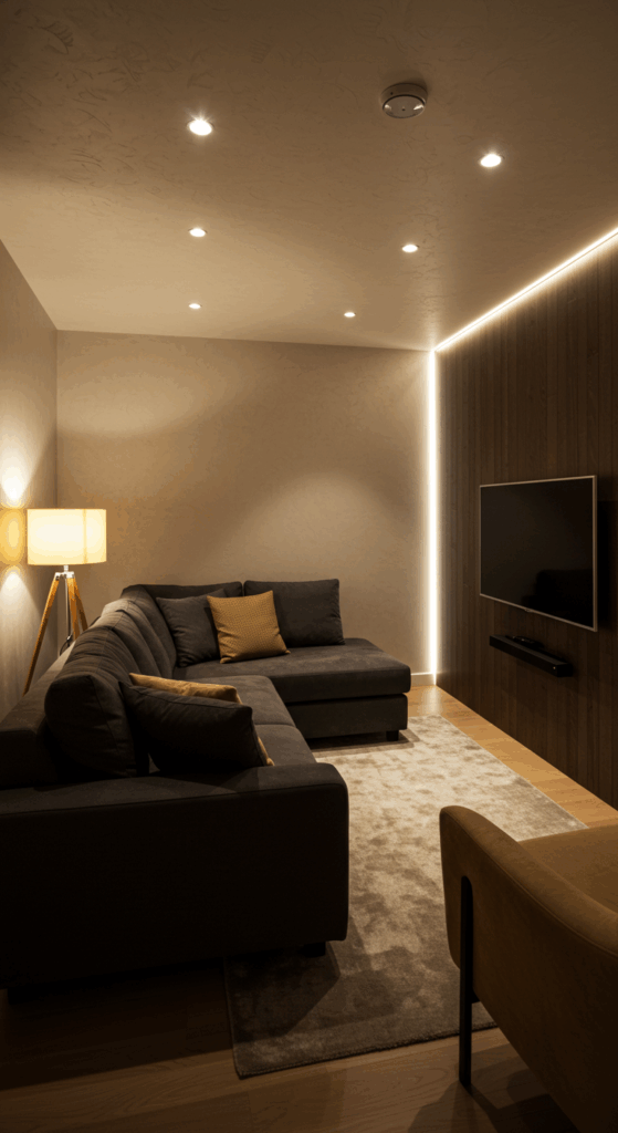 A small media room with layered lighting, including ceiling lights, a table lamp, and LED strips behind the TV, for a cozy atmosphere.