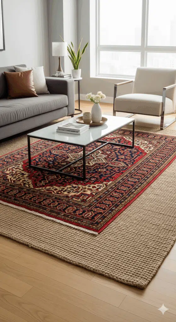 Layering oriental rugs in a modern living room, with a colorful Persian rug centered placed over a larger neutral one below table.