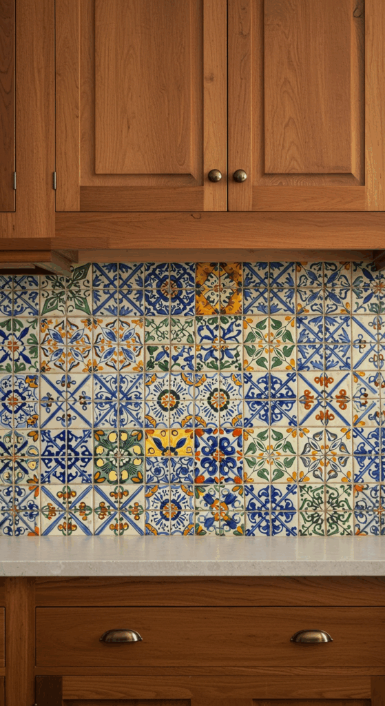 A close-up of a vibrant Talavera tile kitchen backsplash, a key feature of the Mexican kitchen style.
