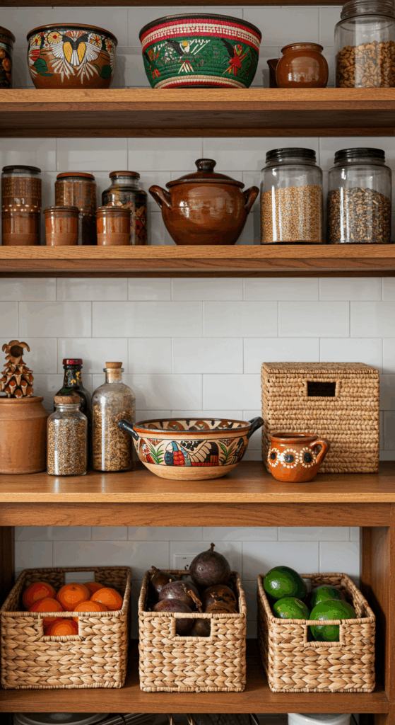 Open shelving in a Mexican kitchen displaying artisan crafts, including hand-painted pottery