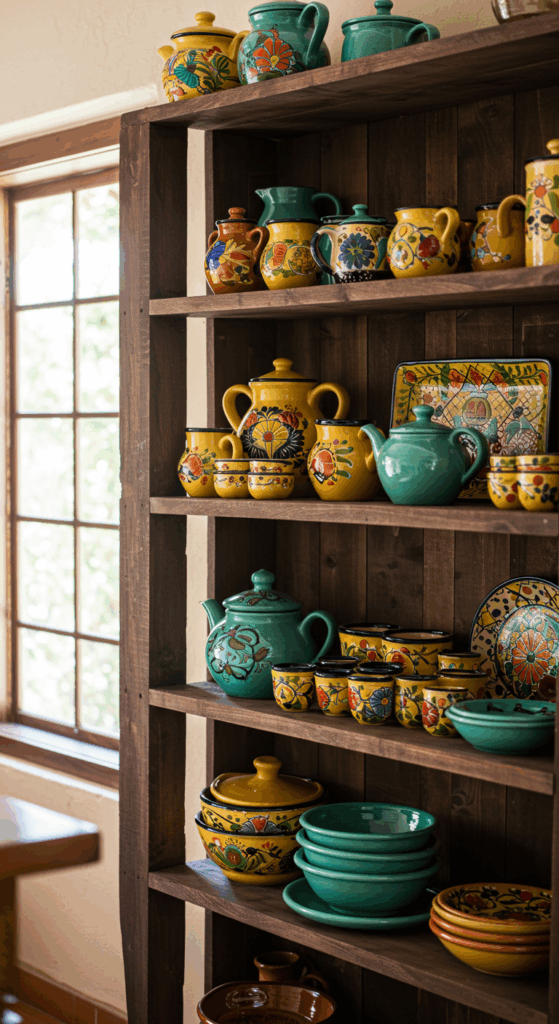 Stylish open shelving in a Mexican kitchen, displaying colorful dishware and ceramics.