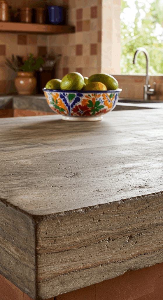 Thick, natural stone countertops with a rustic edge, providing a durable and beautiful surface in a Mexican kitchen.