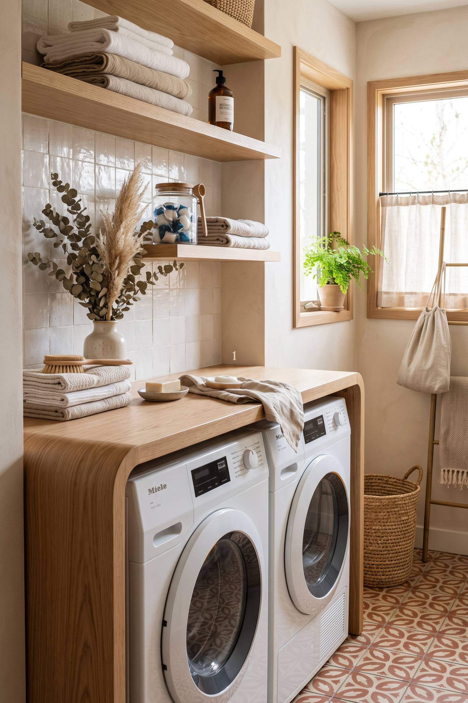 A beautifully styled narrow laundry room featuring a light oak waterfall countertop over side-by-side white appliances.
