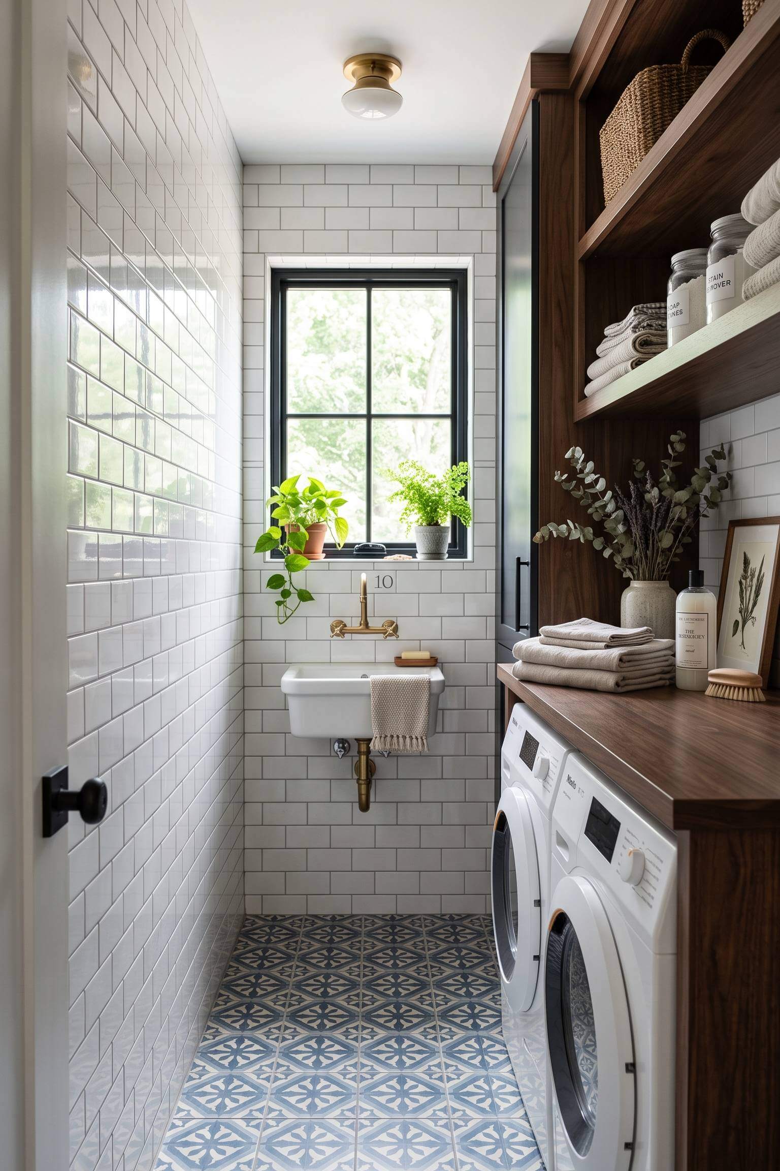 narrow laundry room featuring a floor-to-ceiling white subway tile backsplash.