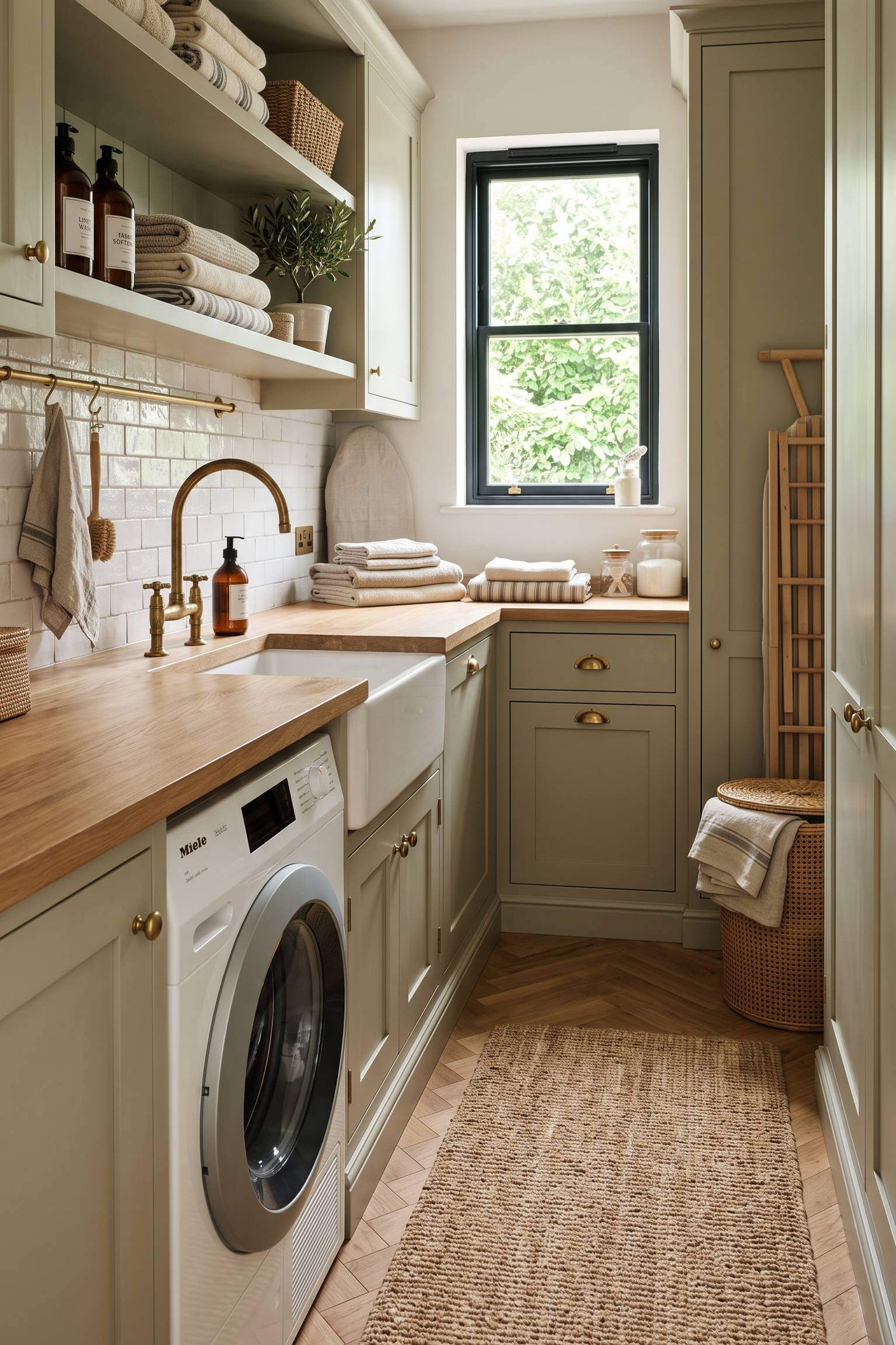 narrow laundry room featuring unlacquered brass faucet and cabinet pulls.