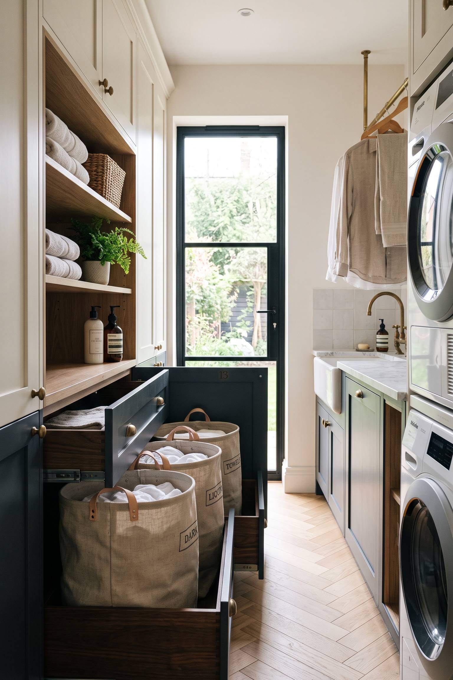 narrow laundry room featuring deep lower cabinets pulled open to reveal canvas hamper bags.